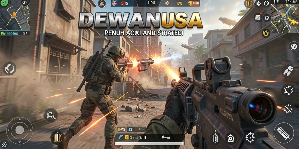 Screenshot DEWANUSA menampilkan aksi tembak-menembak yang seru di medan perang.