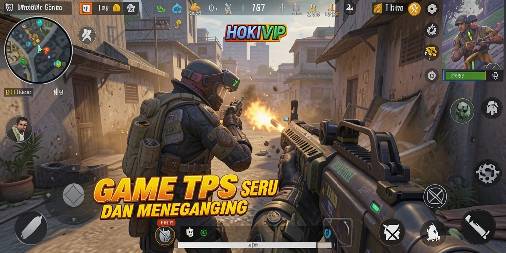 Screenshot utama HOKIVIP menampilkan aksi menegangkan dalam game TPS.
