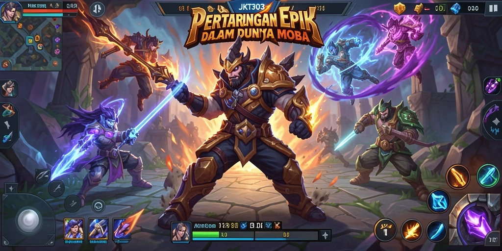 Screenshot utama JKT303 menampilkan aksi heroik dalam pertempuran MOBA.