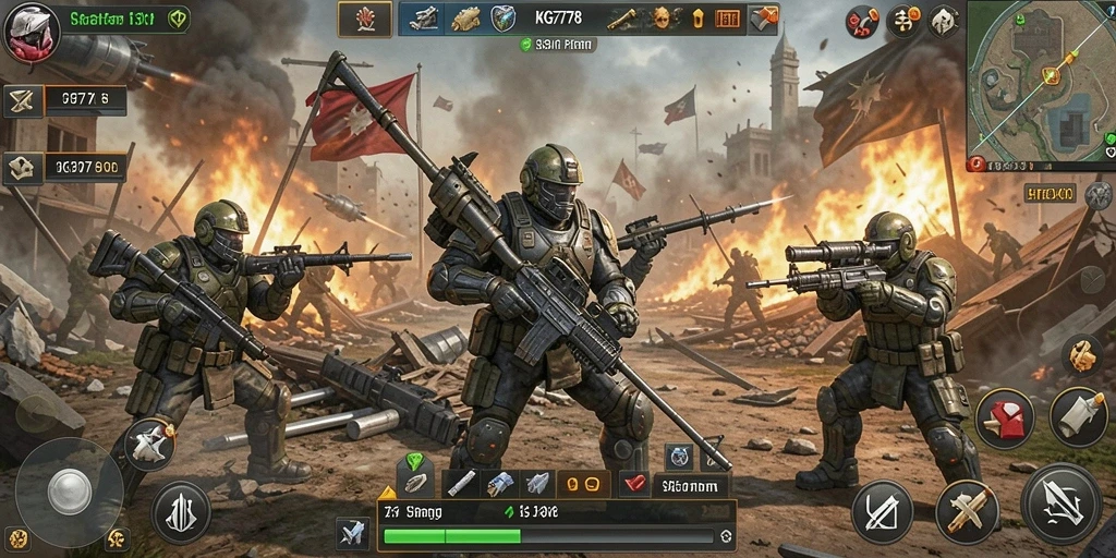 Tampilan screenshot utama KG778 yang menunjukkan aksi pertempuran strategis.