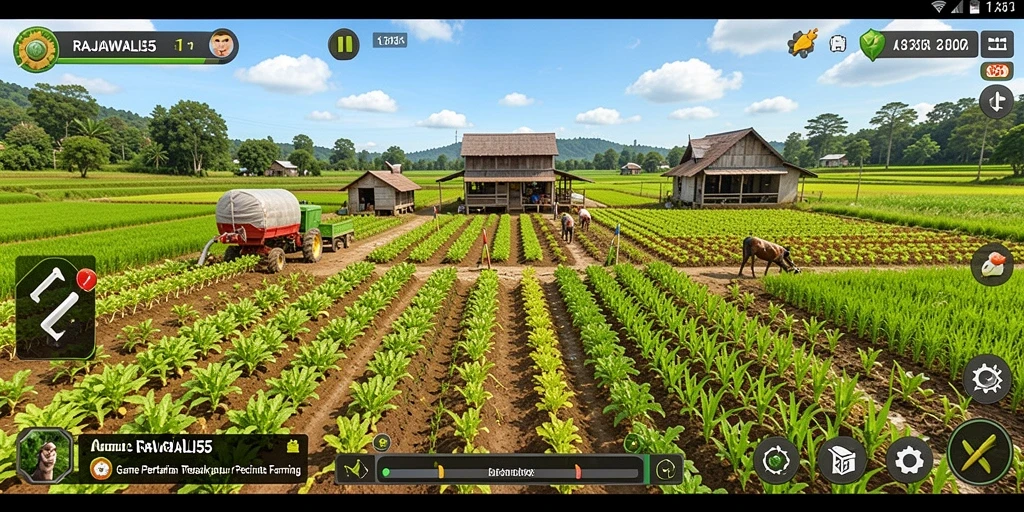 Tampilan gameplay <strong>RAJAWALI55</strong> yang menarik dan penuh warna dengan aktivitas pertanian.